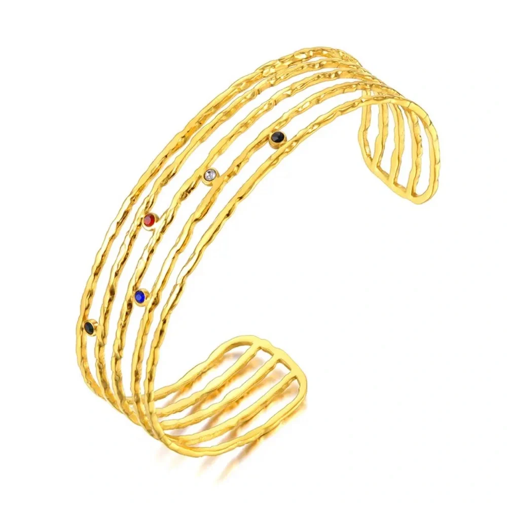 Gold Tone Layered Open Cuff Bracelet Multicolor Rhinestones Lightweight